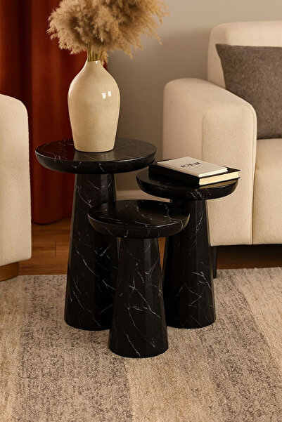 Özka Hobi Ahşap ÖZKA HOBİ SİYAH BOYALI VERNİKLİ MERMER EFEKLİ MANTAR SEHPA, O...