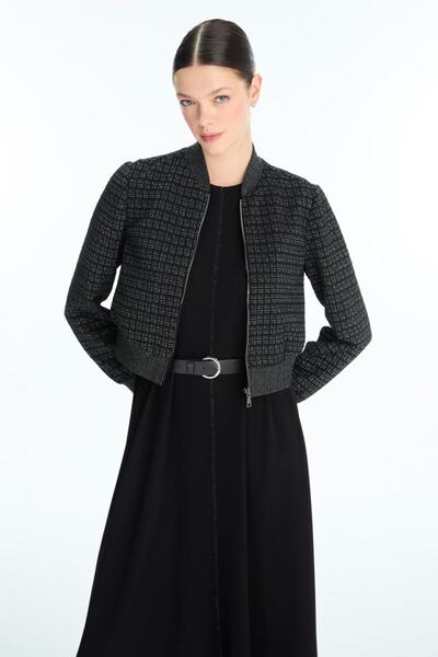 Zühre Patterned Bomber Jacket Dress Black Double Suit Tk-1662