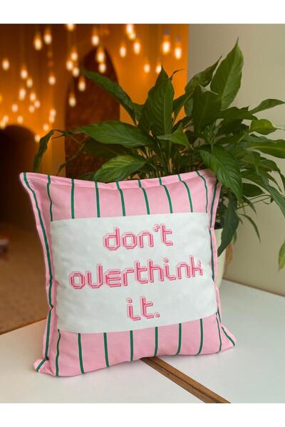 RahanDesign Dont Overthink It Written Double-Sided Green Striped Pink Decorative Suede Throw Pillow Cover - 43X43Cm