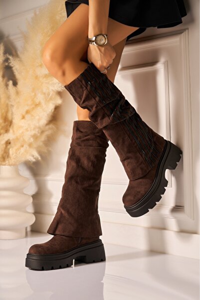 Joana Καφέ γυναικείες μπότες με επένδυση από γούνα από τεχνητό σουέτ