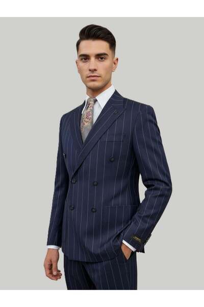 HERMOSE Navy Blue Striped Modern Fit Double-Breasted Piece Suit – Premium Collection