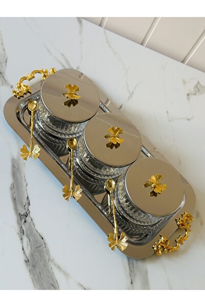 Melinda Silver Tray-Gold Butterfly Detachable Handle Detailed Glass Bowl Breakfast Jam Bowl Snack Bowl Set