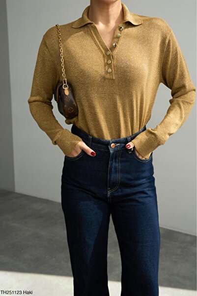 CADDELAMODA Kadın Uzun Kollu Polo Yaka Gold Düğmeli Simli Triko