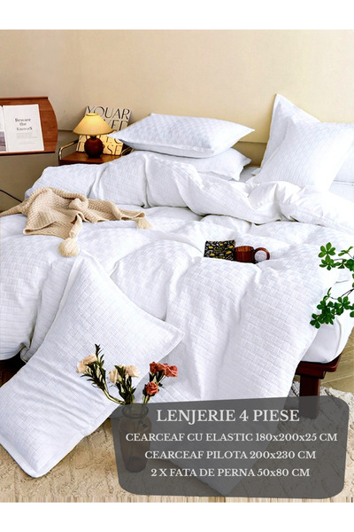 Patul Lenjerie de Pat, Bumbac Finet Creponat, 4 Piese, Cearceaf cu elastic, 2 Persoane