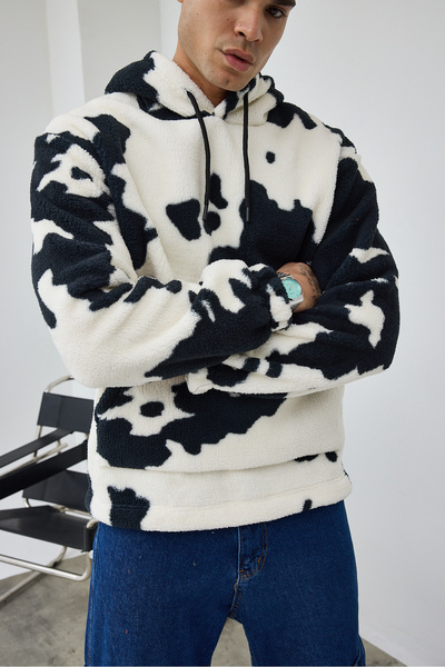 MADZEYMODA Premium Men's Hooded Black - White Patterned Plush Sweatshirt Ls-87012