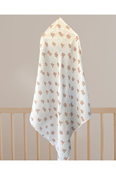 sarpelier Büyük Boy Kapüşonlu Ayıcık Desen Müslin %100 Pamuk Bebek & Çocuk Müslin Battaniye 100x100cm
