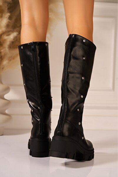 Joana Ghete de damă la modă, negre, din piele ecologică, căptușite cu blană