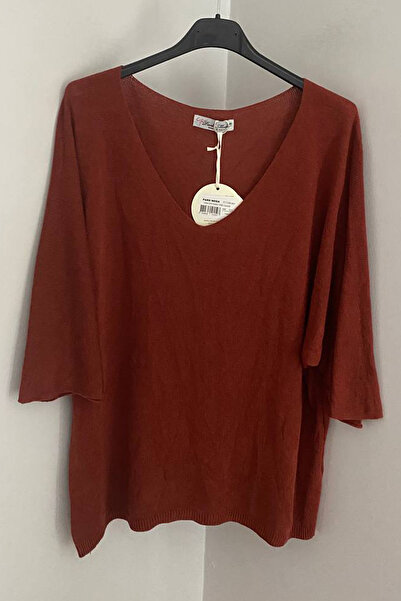 AYASOFYA OTANTIK Γυναικεία ιταλική μπλούζα με λαιμόκοψη σε σχήμα V με ίσιο σχέδιο με τριών τέταρτων μανίκια, χαλαρή πλεκτή μπλούζα