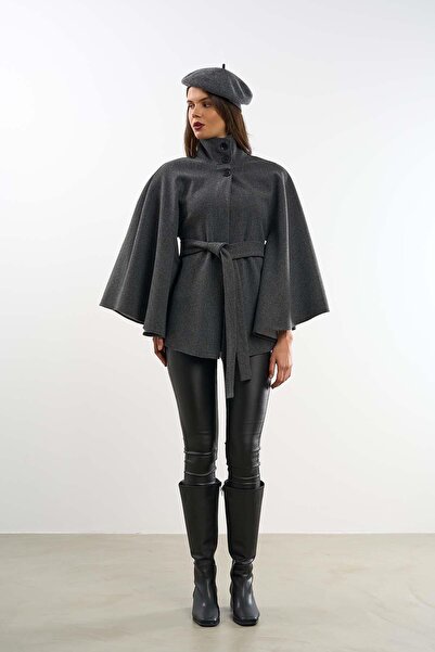 My Loore Palton tip pelerină cu curea și nasturi antracit MLB089