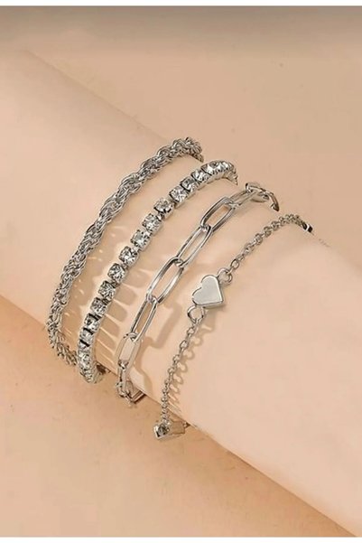 EKİDORA Women's 4-Piece Heart Detailed Silver Color Combination Bracelet Set Steel Jewelry