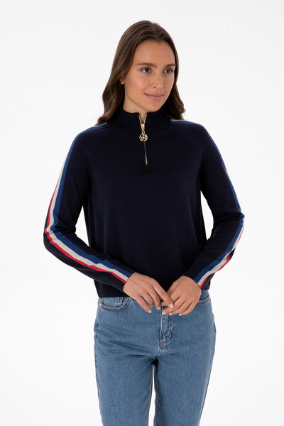 U.S. Polo Assn. Women's Navy Blue V-Neck Zippered Sweater 50314691-Vr033