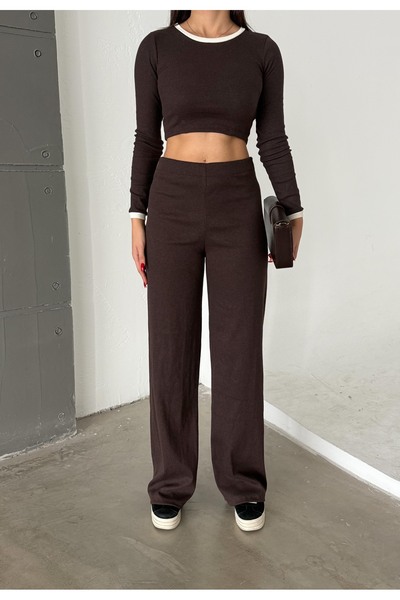 fayora Brown Paneled Crop Top Wide Leg Pants Set