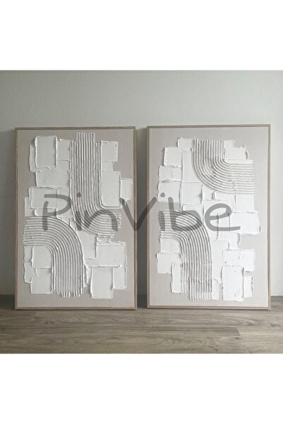 Home Pinvibe El Yapımı 2’li Beyaz Rölyef Kabartmalı Tablo | Modern Tasarım (Çerçevesiz,Asma Aparatlı)