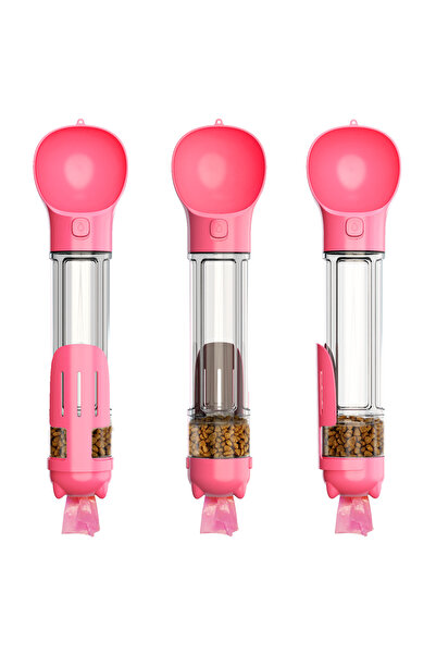 Zherqon 4-in-1 Portable Water Bottle for Pets, Food Storage & Poop Bag Compartment, 500 ml, Pink