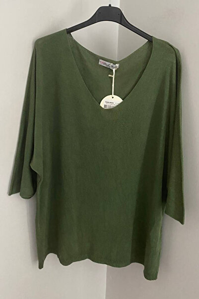 AYASOFYA OTANTIK Γυναικεία ιταλική πράσινη χακί μπλούζα με λαιμόκοψη σε σχήμα V με ίσιο σχέδιο με τριών τέταρτων μανίκια φαρδιά πλεκτή μπλούζα