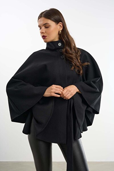 My Loore Palton tip pelerină cu curea și detalii cu nasturi negri MLB089