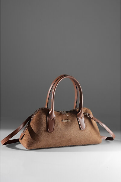 Rimense Women's Tan Suede Hand and Shoulder Bag with Gold Accessory Details