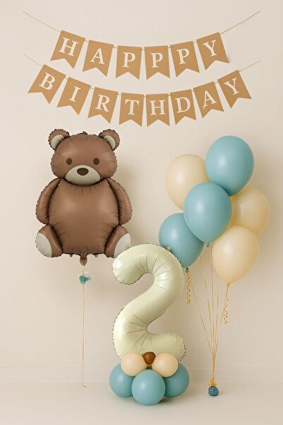 PARTİAVM Cute Retro Teddy Bear Balloon Set Bear Themed 2Nd Birthday Balloon Set Happy Birthday Banner