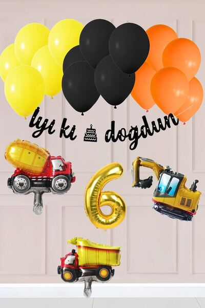 Azebu 6 Yaş İnşaat Konsept Doğum Günü Balon Seti İnşaat Araçları Tema Balon Z...