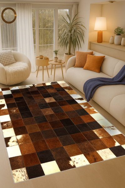 Rugs Modern Halı MOSSO Kahverengi Tonlarda Geometrik Kareler Desenli Dokuma Taban Modern Dekoratif Halı mosso1041