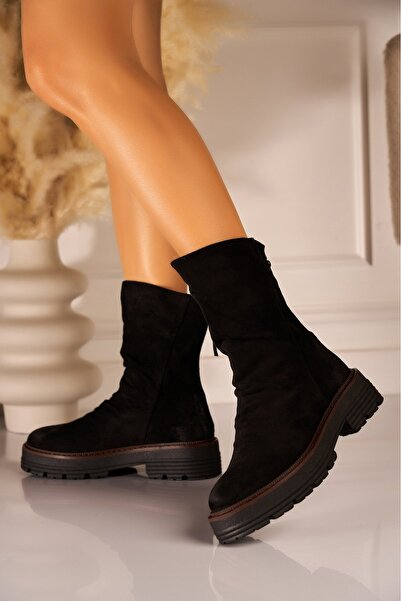 Joana Ghete de damă negre din piele întoarsă, talie înaltă, 41