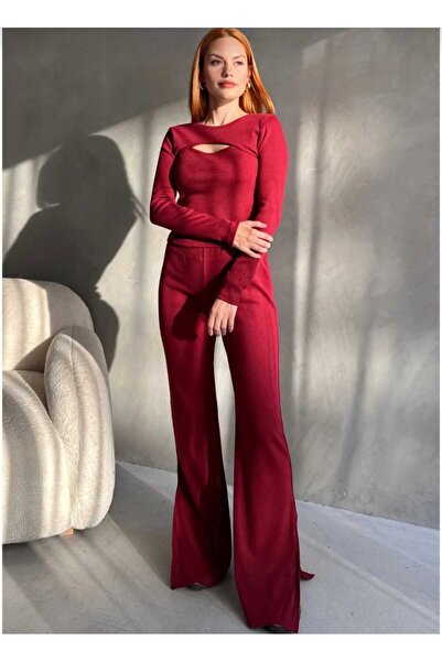 albaroda Bluză decoltată Bordeaux guler rotund și pantaloni evazat pentru femei