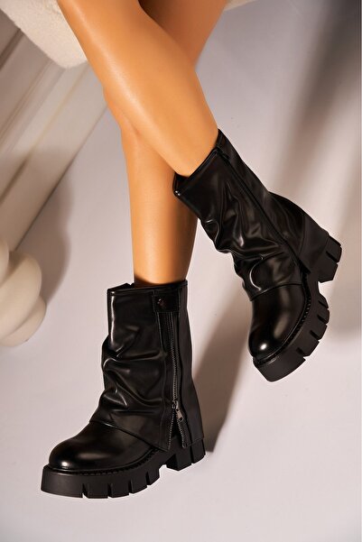 Joana Cizme Lehani negre din piele ecologică cu căptușeală de blană