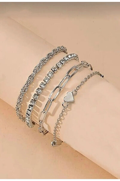 Women's 4-Piece Heart Detailed Silver Combination Bracelet Set