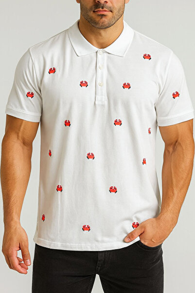 ARL Polo Neck White T-Shirt with Crab Pattern Detail