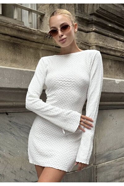 Estilo Fashion Sırt Bačlamalı Uzun Kollu Gofre Elbise