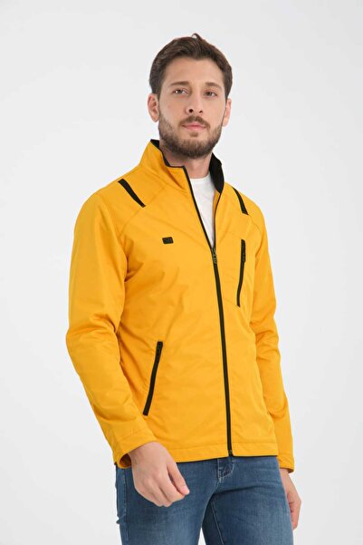 Wise Men's Yellow Zippered Striped Combed Cotton Lined Spring Coat Windproof