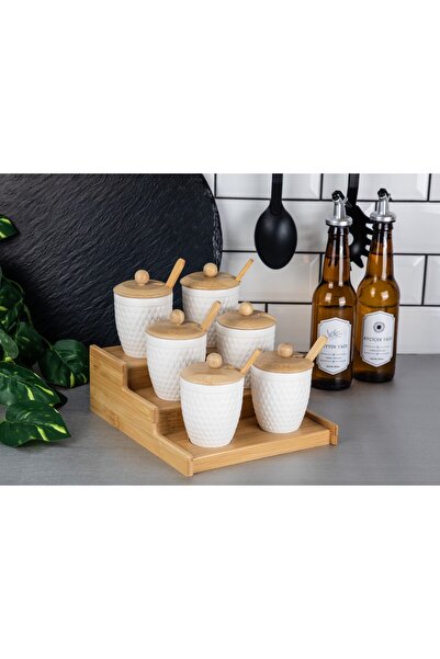 naturelove 6'lı Ahşap Bambu Merdiven Statlı Baharatlık, Bambu Kapak Kaşıklı B...