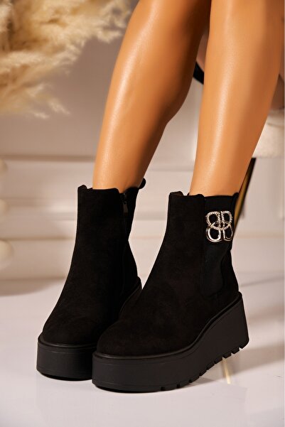 Joana Cizme negre cu platformă din piele întoarsă artificială și căptușeală din blană