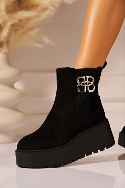 Joana Cizme negre cu platformă din piele întoarsă artificială și căptușeală din blană