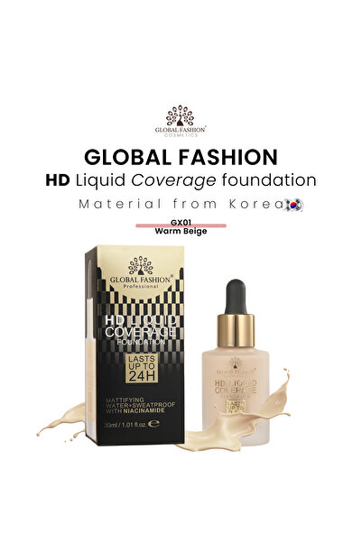 global fashion Fond de ten, HD Liquid Coverage Foundation, 30ml, GX01, Warm Beige