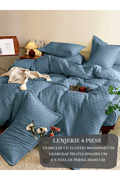 Patul Lenjerie de Pat, Bumbac Finet Creponat, 4 Piese, Cearceaf cu elastic