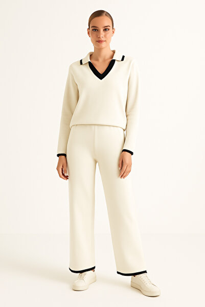 DağdevirenTkstl Polo Neck Women's Cream Knitwear Set