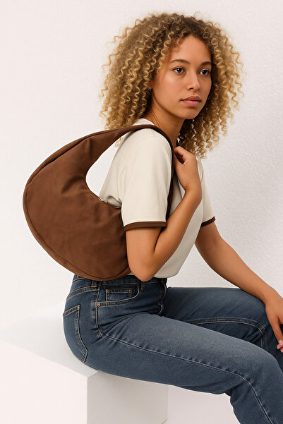 World Star Vizon Süet Yarım Ay Kadın Oval Omuz Kol Çanta Çift Fermuarlı Çanta