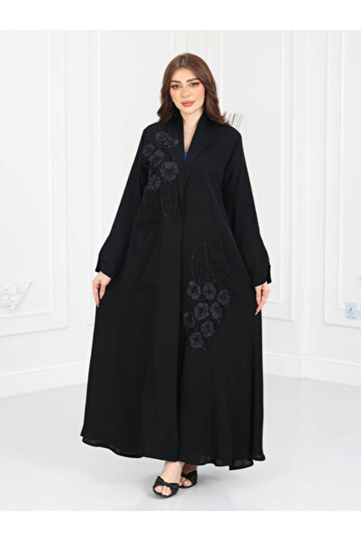 Nice Model Elegant Black Embroidered Abaya Long Sleeve Floral Applique Modest...