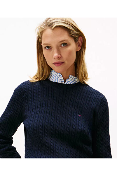 Tommy Hilfiger Kadın Ess Cable Sweater %100 Organik Pamuk Örgü Kazak Sweatshirt