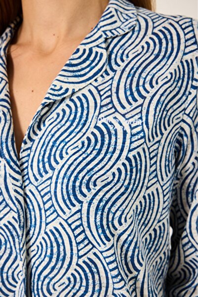 Pierre Cardin Kadın Mavi Düğmeli Kapama Gömlek Yaka 2 li Pijama Takımı VR.11.P89.C86.Y02