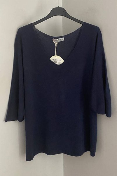 AYASOFYA OTANTIK Women's Italian Navy Blue V-Neck Plain Pattern Three Quarter...