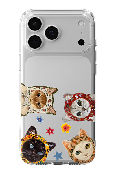 FLAMENKO iPhone 17 Pro Uyumlu Sevimli Kediler Desenli Şeffaf Telefon Kılıfı