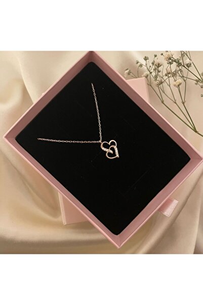 Lovera Jewellery 925 Ayar Gümüş Rose Minimal İkili Kalp Kadın Kolye | Zarif H...