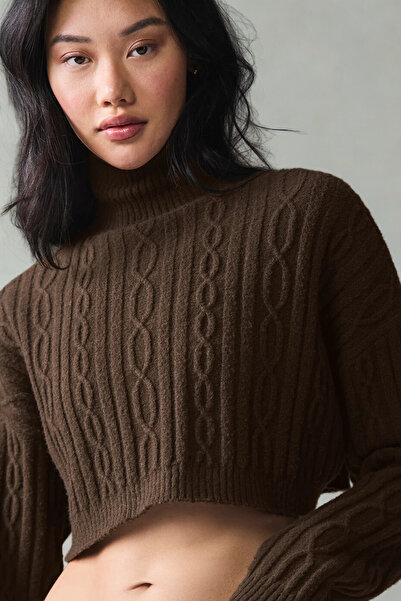 HepsitrentStore High Neck Crop Length Long Sleeve Knit Sweater