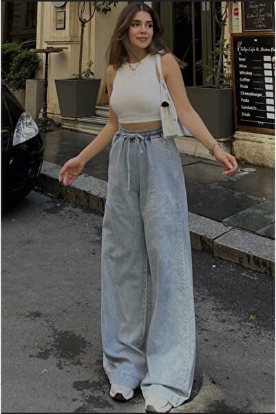 geenz manifacture Acik Mavi Beli Lastikli Bagcikli Cepli Bol Paca Palazzo Pan...