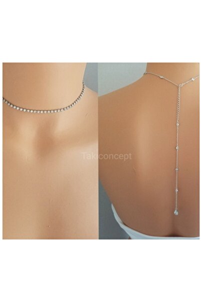 TakıConcept Kristal Damla Detaylı Taşlı Choker Sırt Aksesuarı Sırt Kolyesi