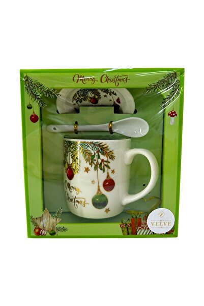 velve Σετ κεραμικής κούπας, πιατακιού και κουταλιού, Καλά Χριστούγεννα, συσκευασμένο σε κουτί με παράθυρο, 200ml