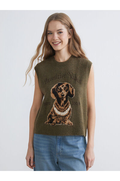 LC Waikiki New Season Crew Neck Dog Printed Women's Knitwear Sweater