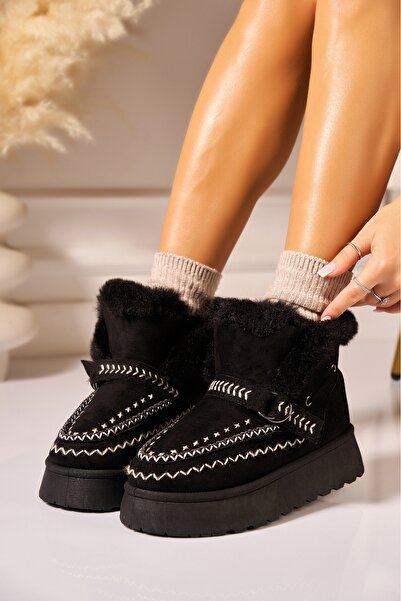 Joana Ghete de damă negre din piele întoarsă artificială, cu căptușeală din blană, Cherri